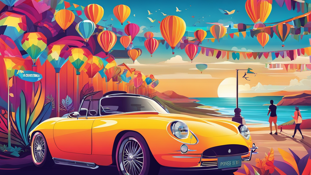 Yellow Sports Car with Hot Air Ballons