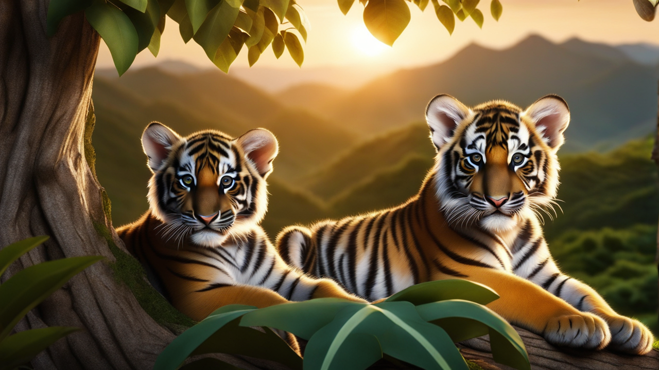Bengal Tiger Pups in Tree, Sun Going Down.