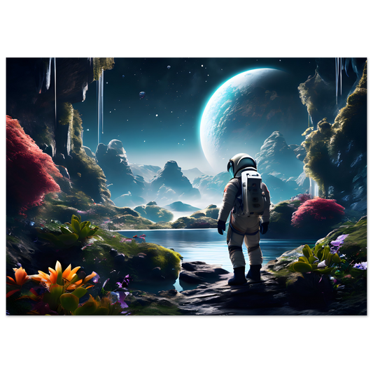 Astronaut on Planet looking at foliage and lake
