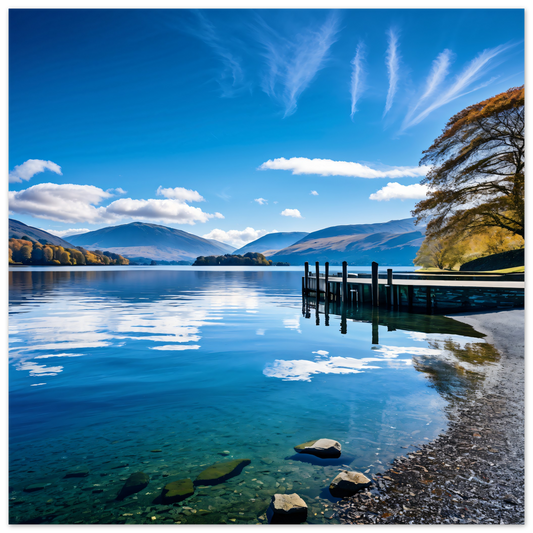 Lake District scene with blue water and Pier.