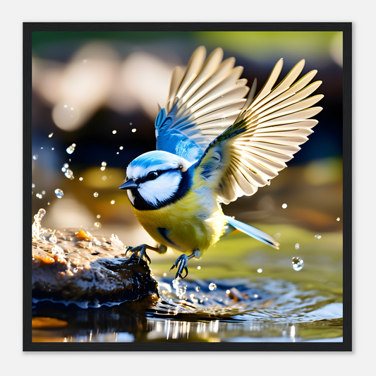 Blue Tit Bird Landing on a Rock in the middle of a stream.