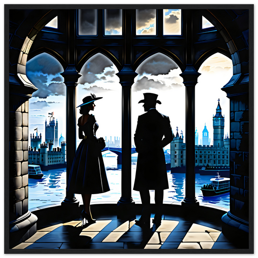 Silhouette of a couple, gazing over the London cityscape.