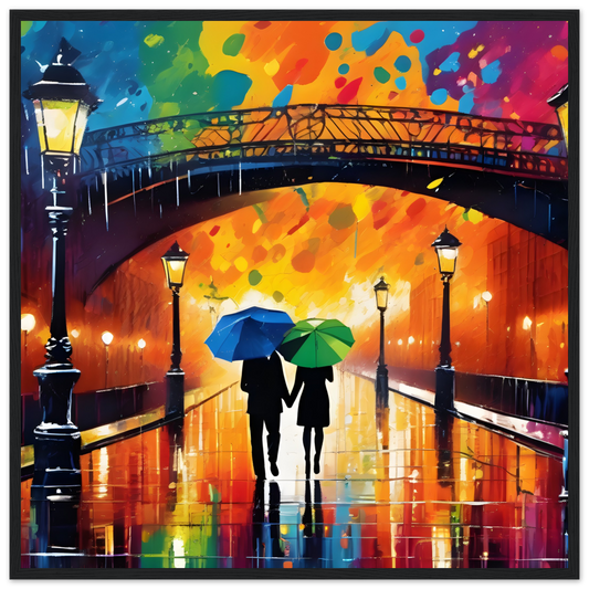 Colourful Scene Couple Walking Home  in Rain