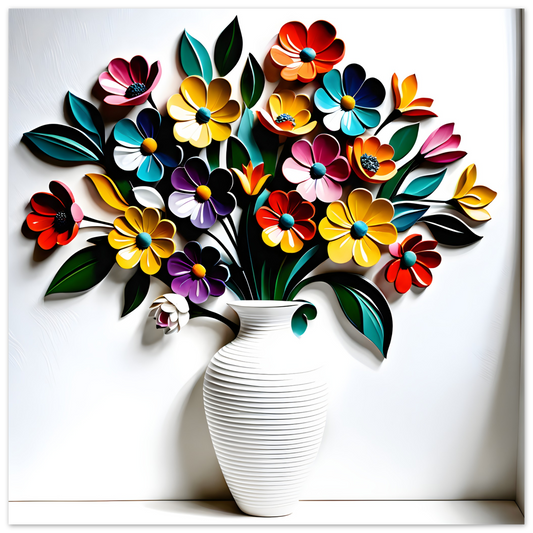 White Vase with Colourful Flowers, Abstract Design
