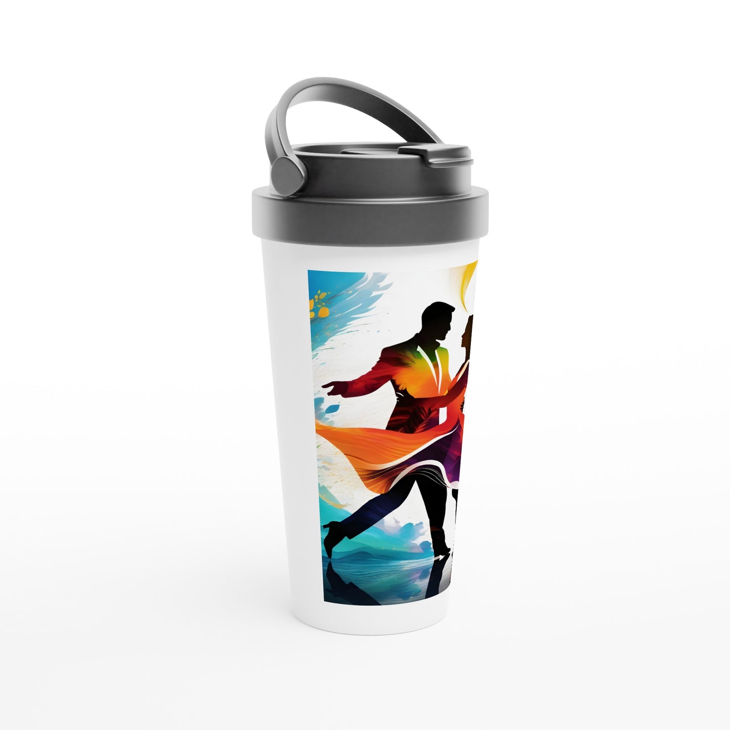 Travel mug with Dancers Printed on it.