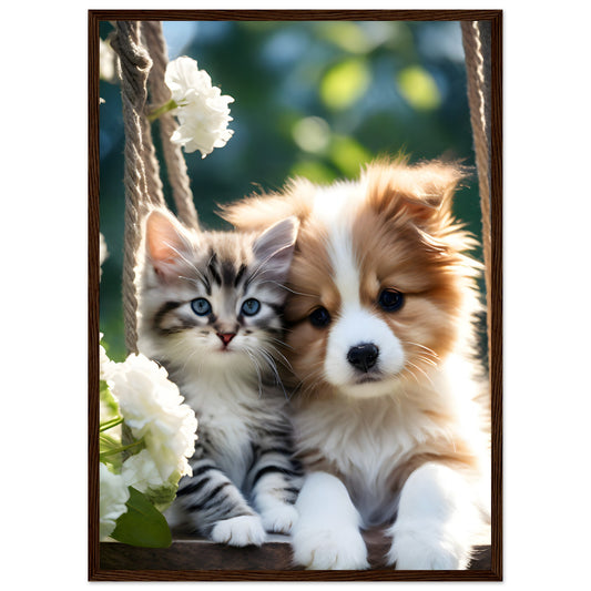 Puppy and Kitten on Swing