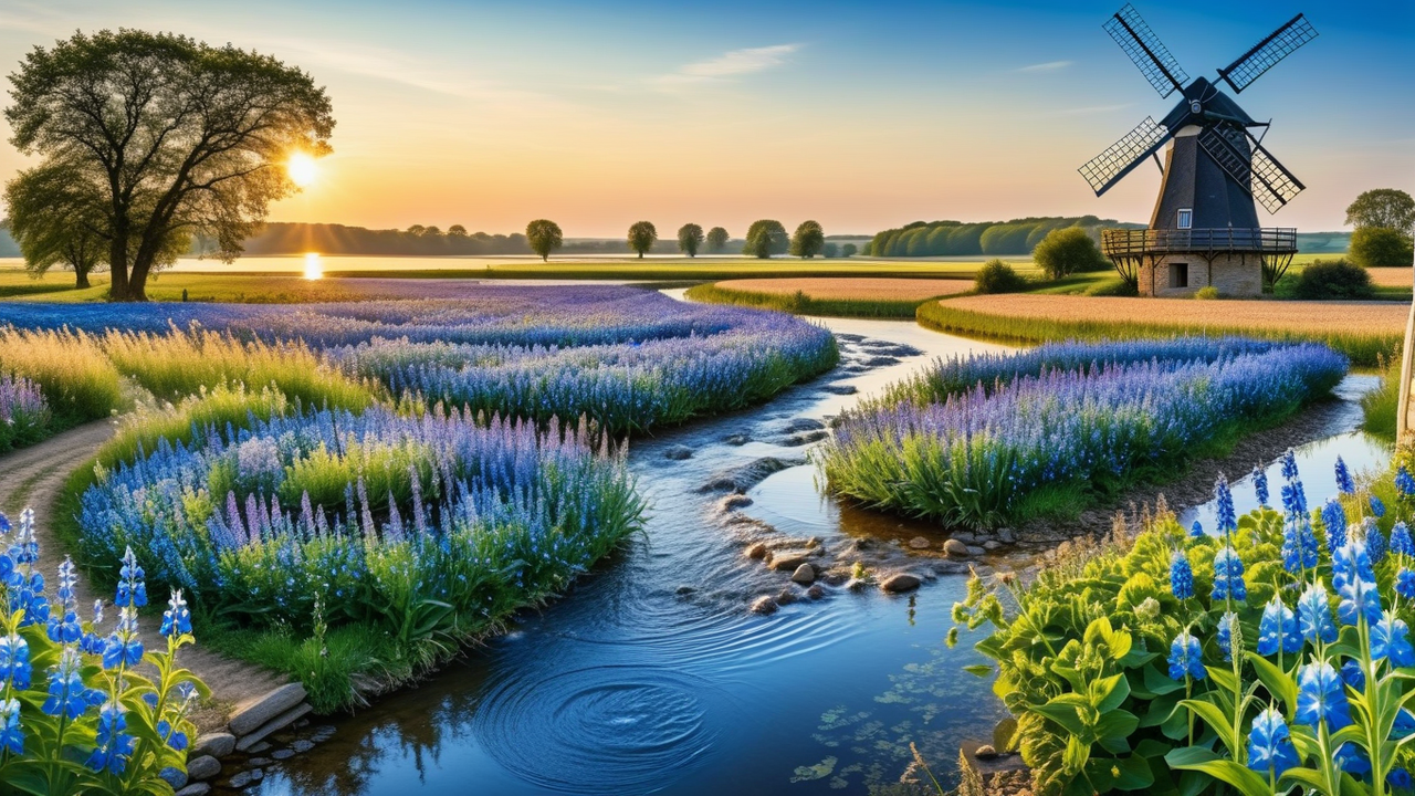 Meadow with Blue flowers and windmill in background